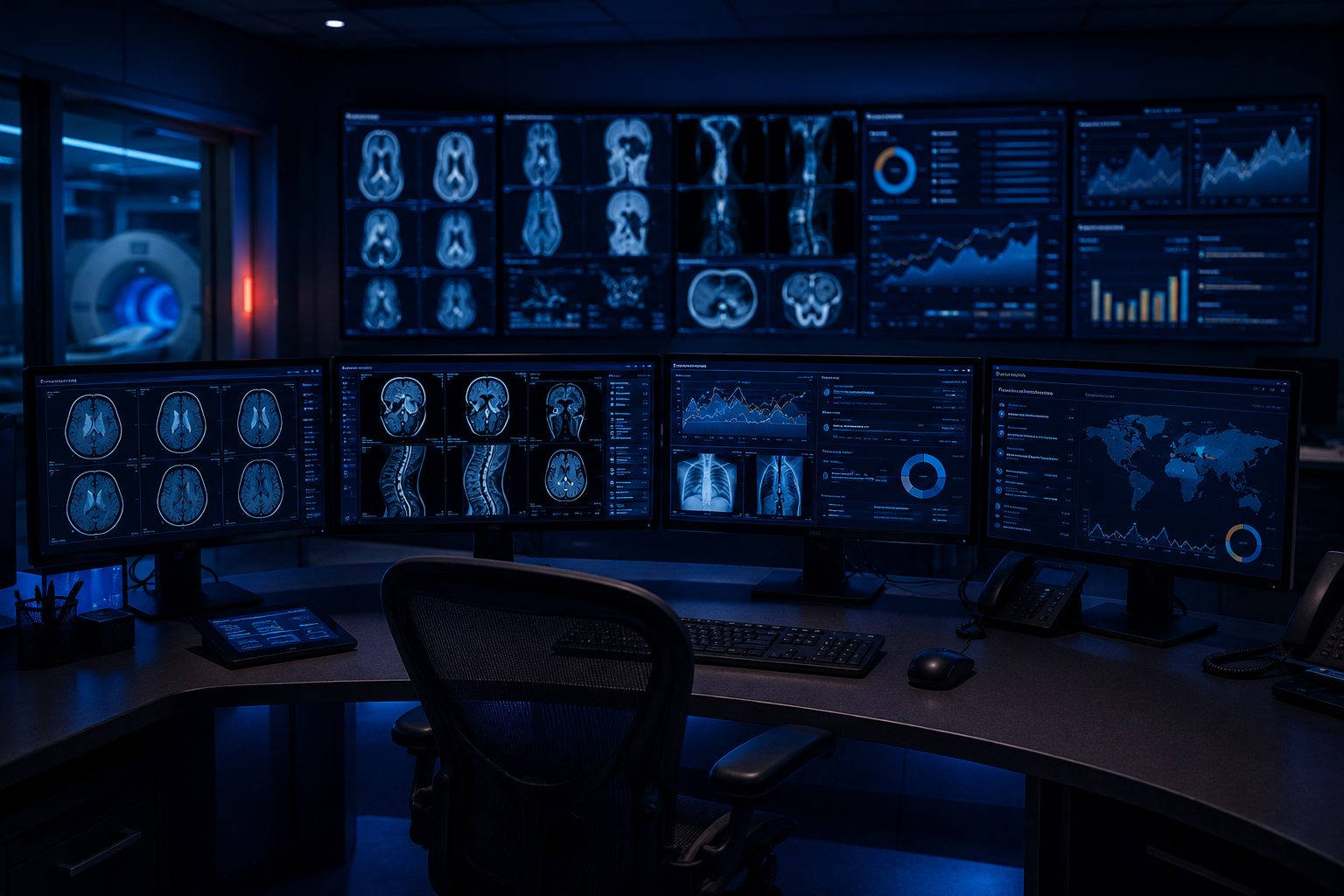 Radiology operations control room with multiple monitors