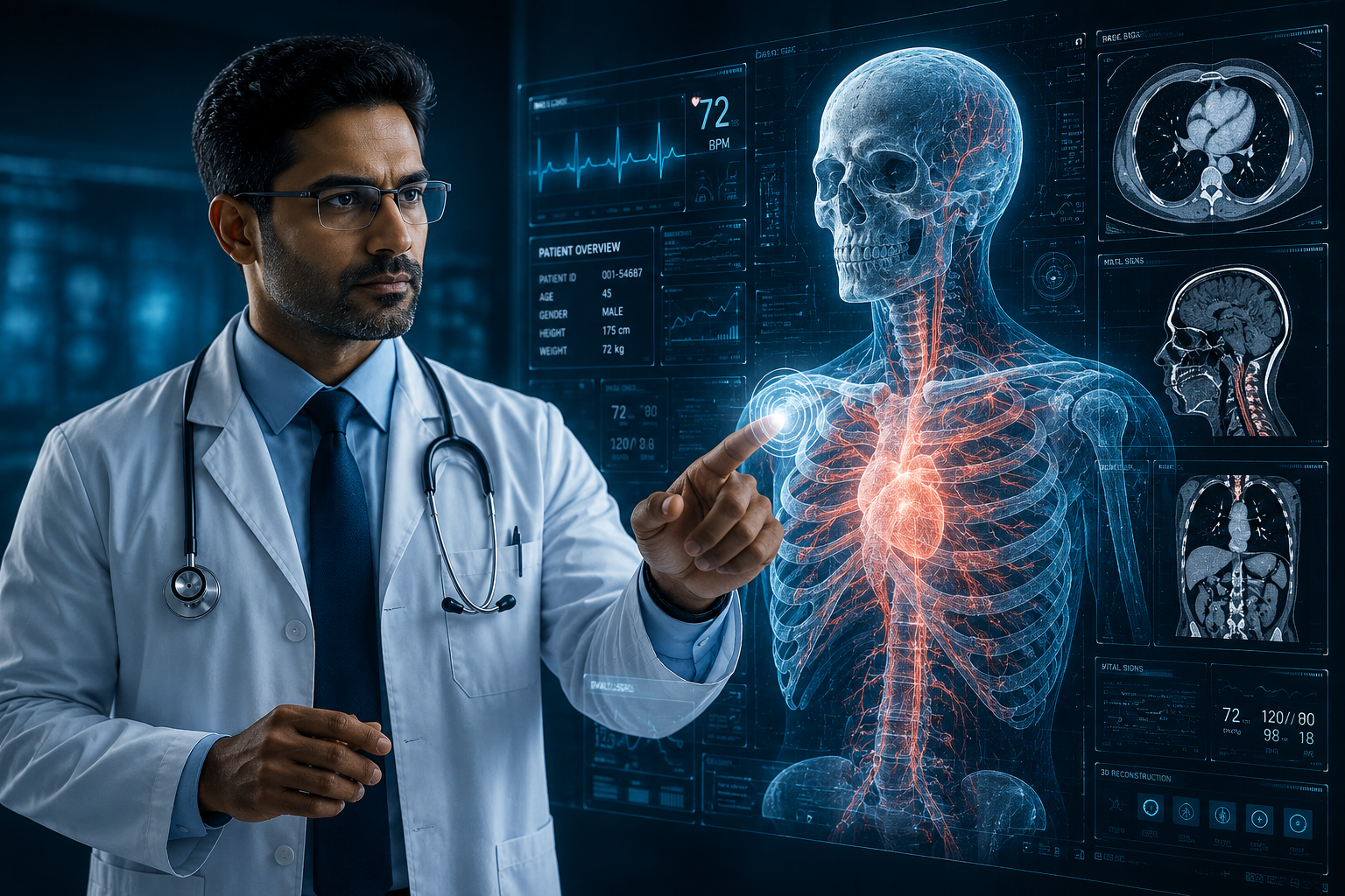 Doctor interacting with a holographic anatomy display