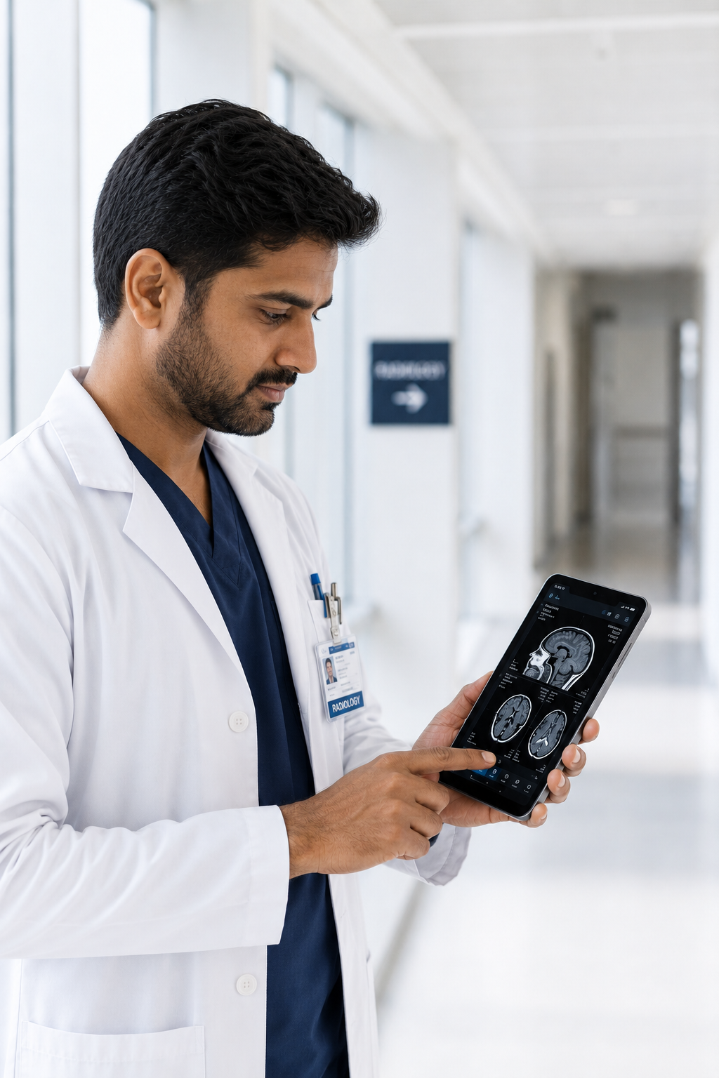 Radiologist reviewing scans on a tablet